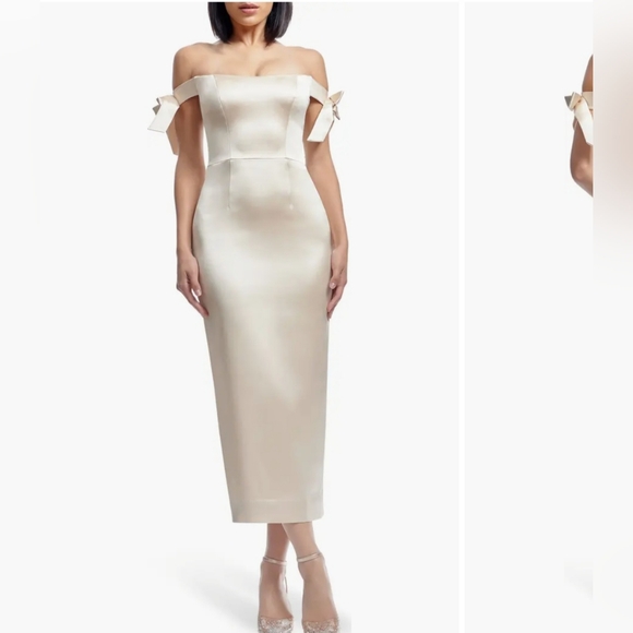 Dress the Population Verona Off the Shoulder Satin Midi Cocktail Dress - Picture 1 of 10